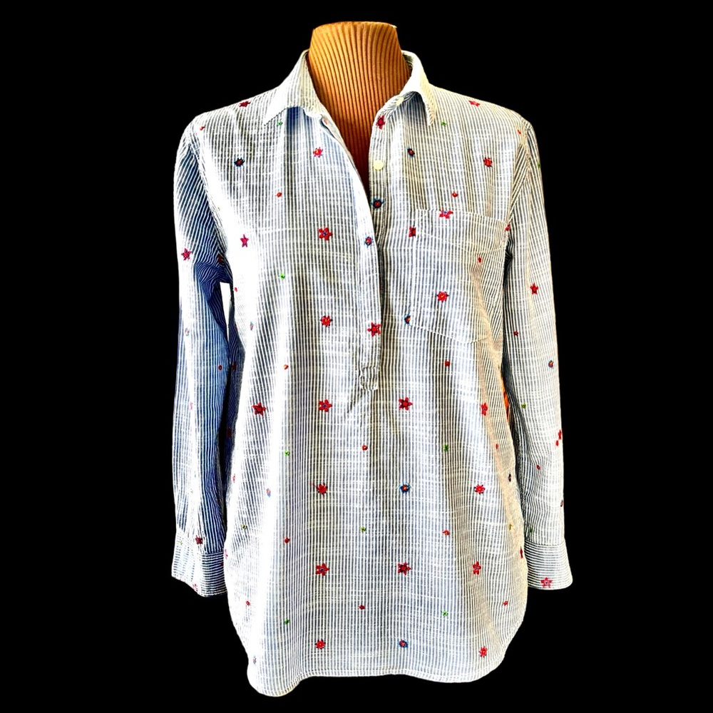 GAP Women's Blue Cotton Chambray Stripe Top Embroidery Long Sleeve Pullover Sz L